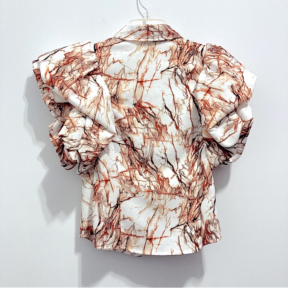A Peach Women’s Puff Fluted Sleeve Marble White & Brown Button Down Shirt - Picture 6 of 8